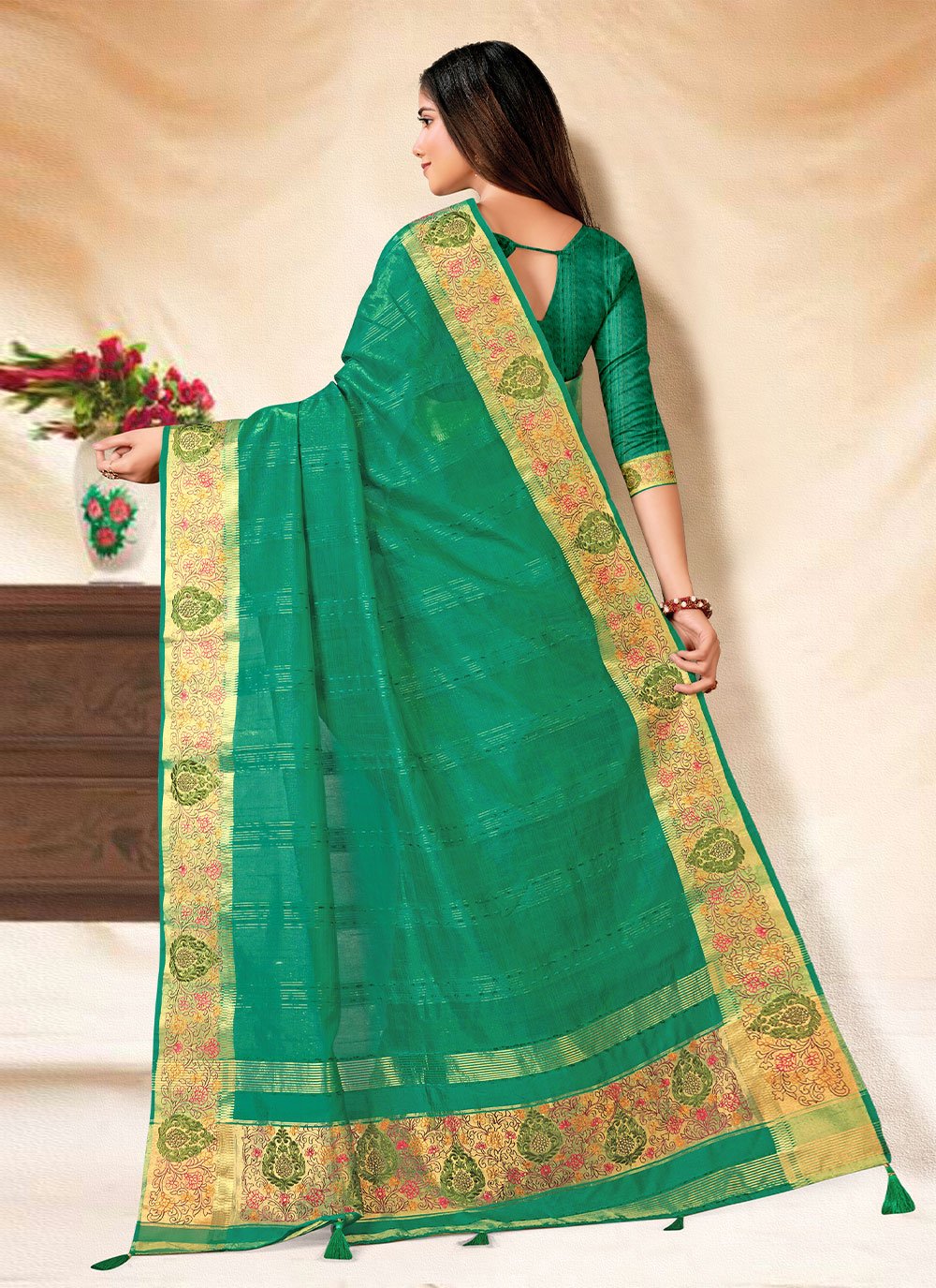 Classic Banarasi Silk Sea Green Embroidered Saree