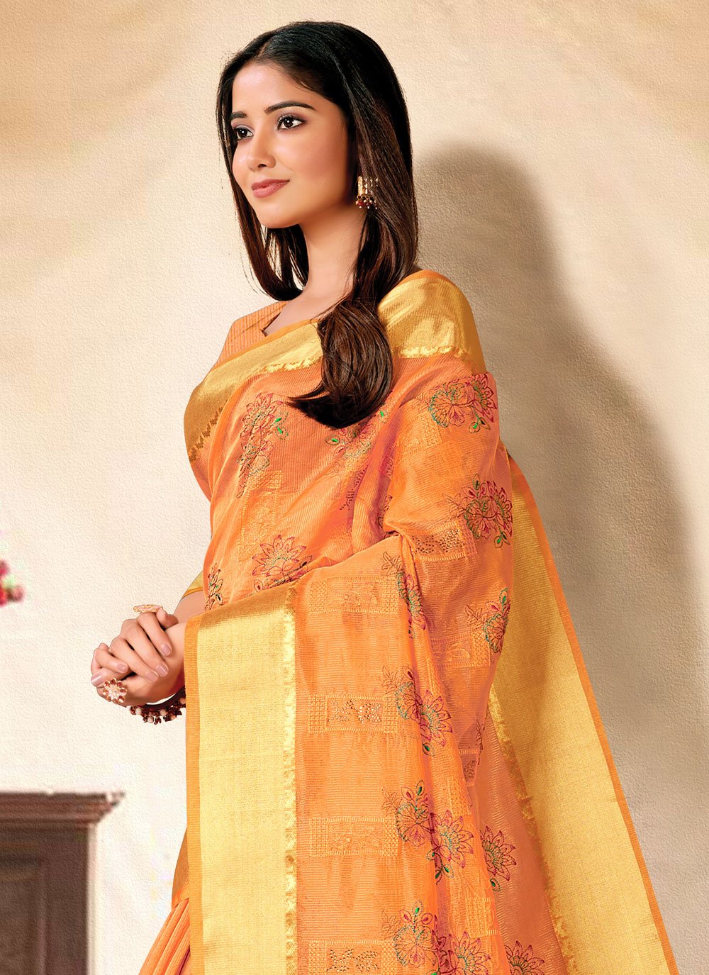 Trendy Saree Banarasi Silk Orange Embroidered Saree