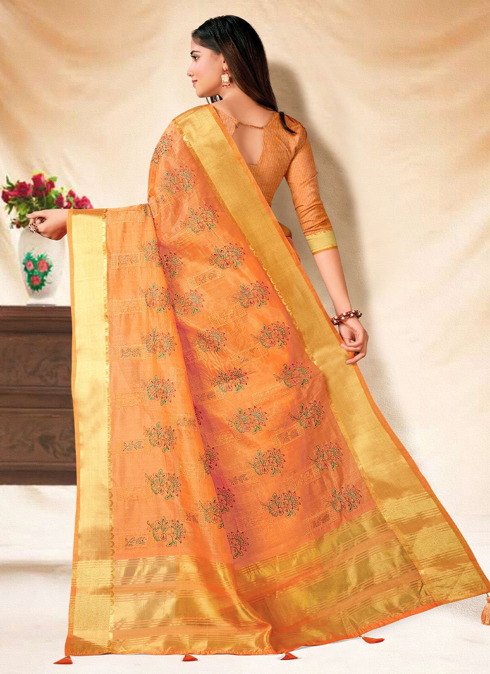 Trendy Saree Banarasi Silk Orange Embroidered Saree