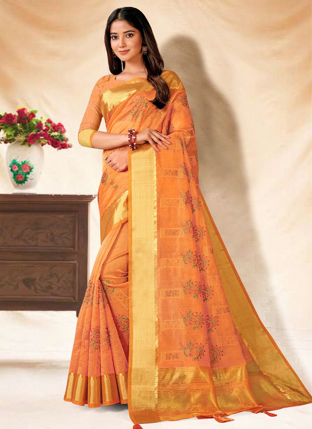 Trendy Saree Banarasi Silk Orange Embroidered Saree