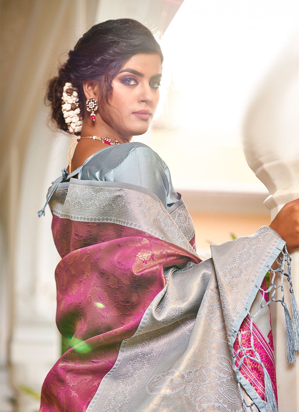 Contemporary Banarasi Silk Grey Purple Jacquard Work Saree