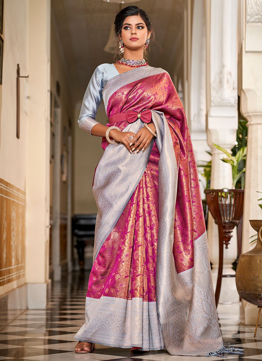 Contemporary Banarasi Silk Grey Purple Jacquard Work Saree