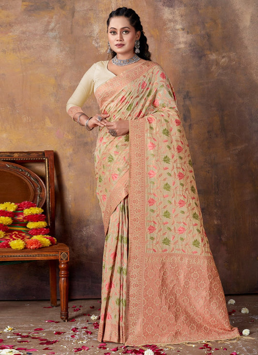 Traditional Saree Banarasi Silk Cream Fancy Work Saree