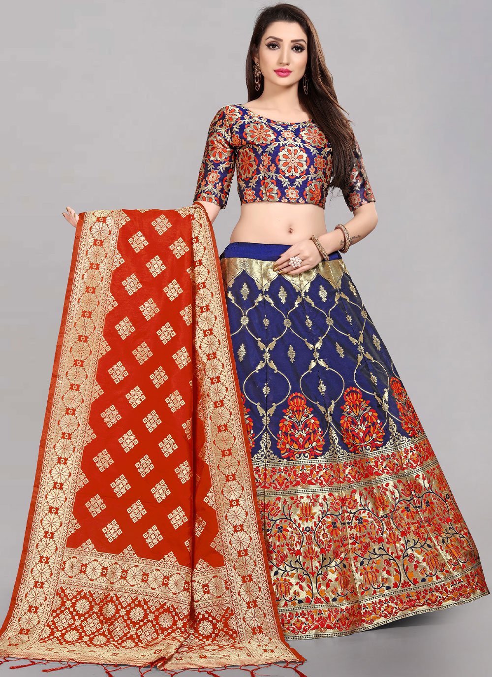 Lehenga Choli Banarasi Silk Jacquard Blue Red Jacquard Work Lehenga Choli