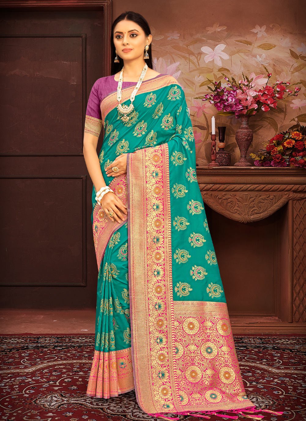 Traditional Saree Banarasi Silk Firozi Weaving Saree