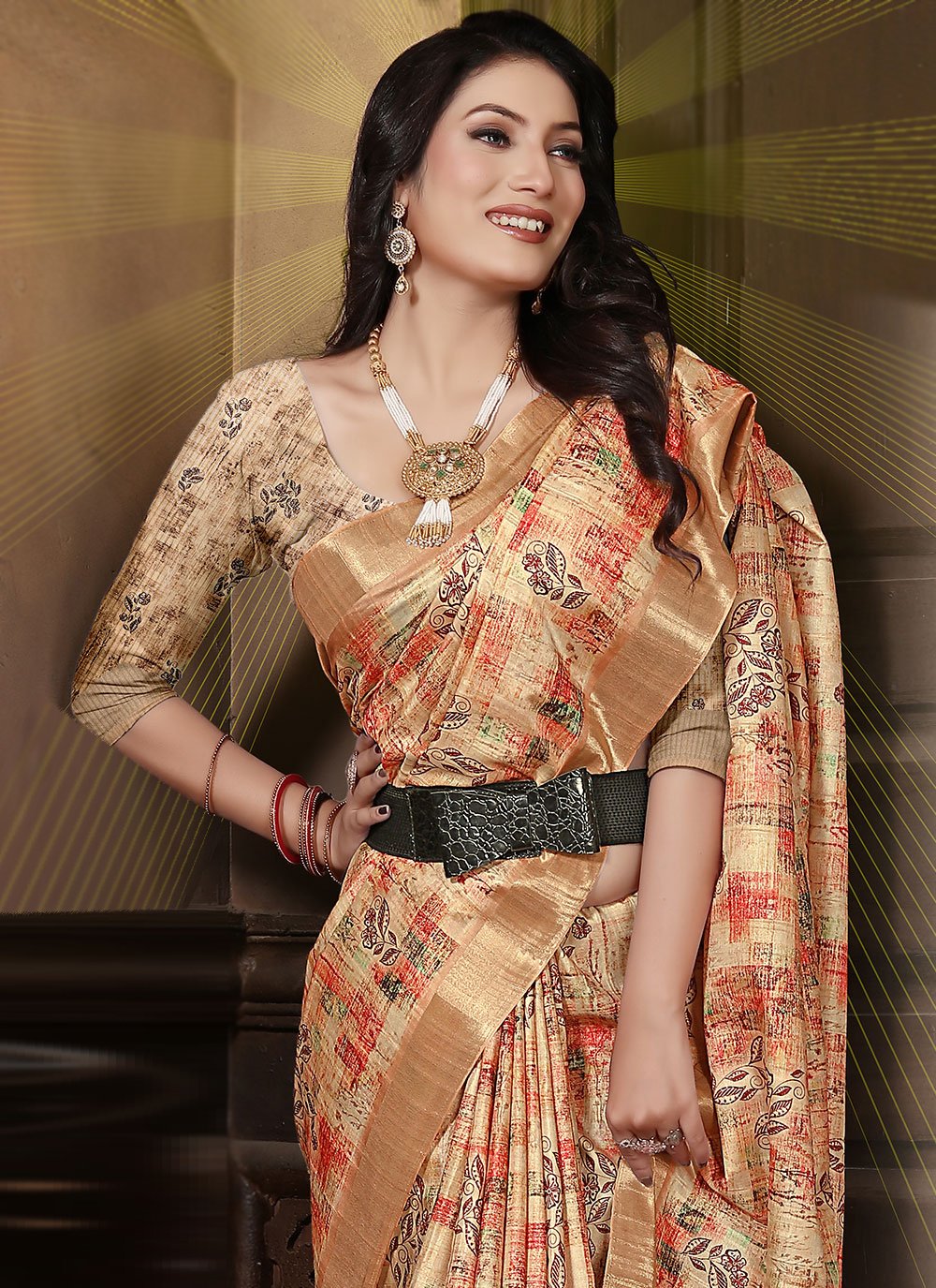 Contemporary Banarasi Silk Gold Digital Print Saree