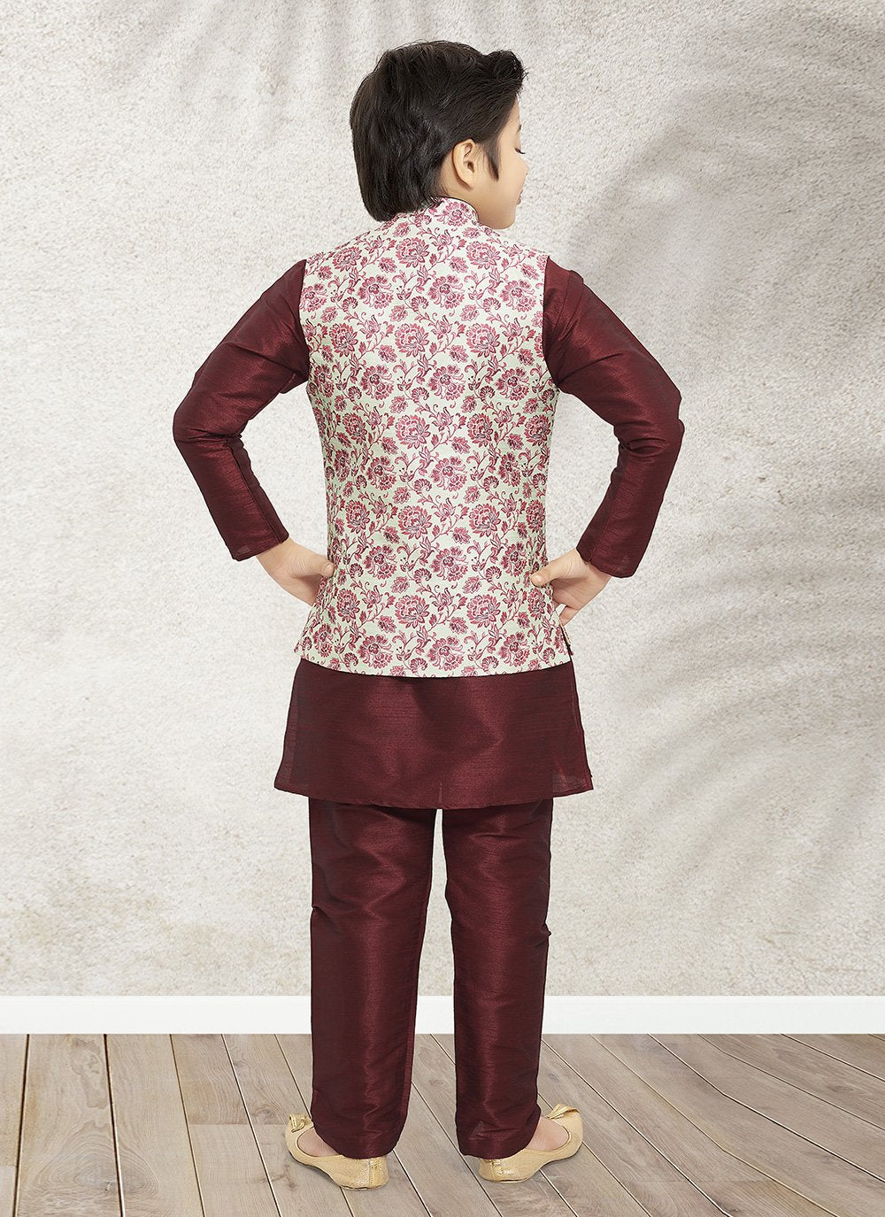 Kurta Payjama With Jacket Banarasi Silk Green Maroon Print Kids