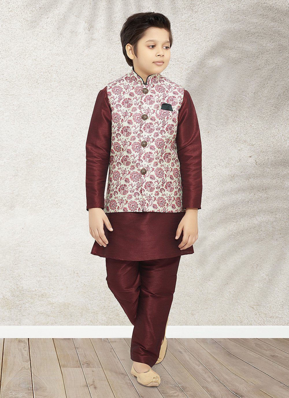 Kurta Payjama With Jacket Banarasi Silk Green Maroon Print Kids