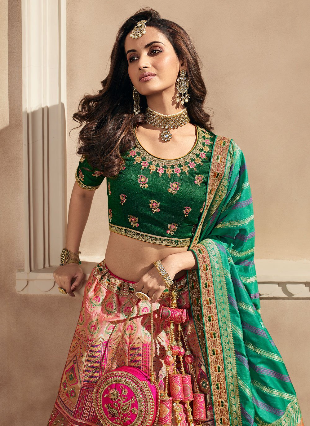 Lehenga Choli Banarasi Silk Green Peach Embroidered Lehenga Choli