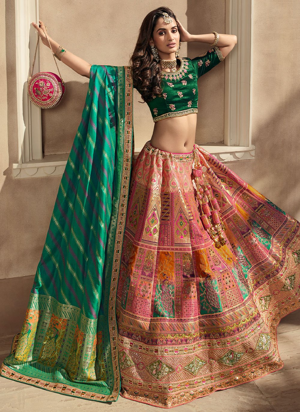 Lehenga Choli Banarasi Silk Green Peach Embroidered Lehenga Choli