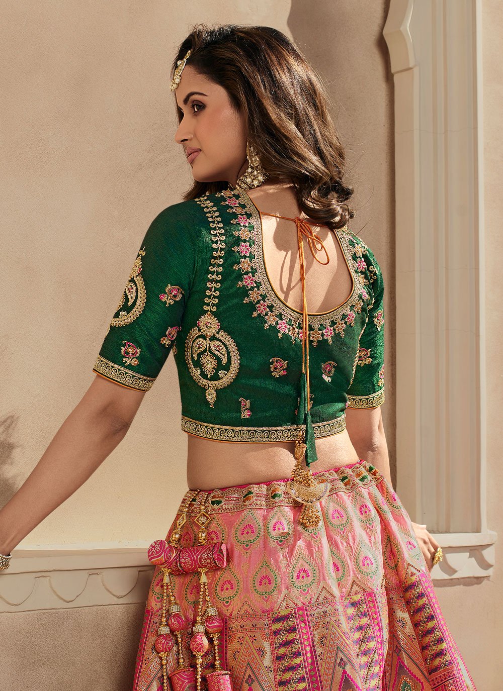 Lehenga Choli Banarasi Silk Green Peach Embroidered Lehenga Choli