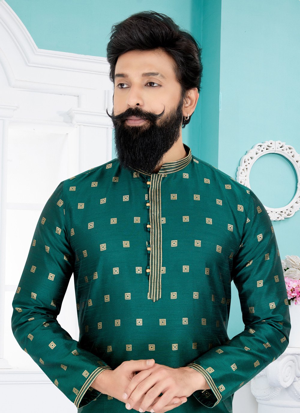 Kurta Pyjama Banarasi Silk Jacquard Green Jacquard Work Mens