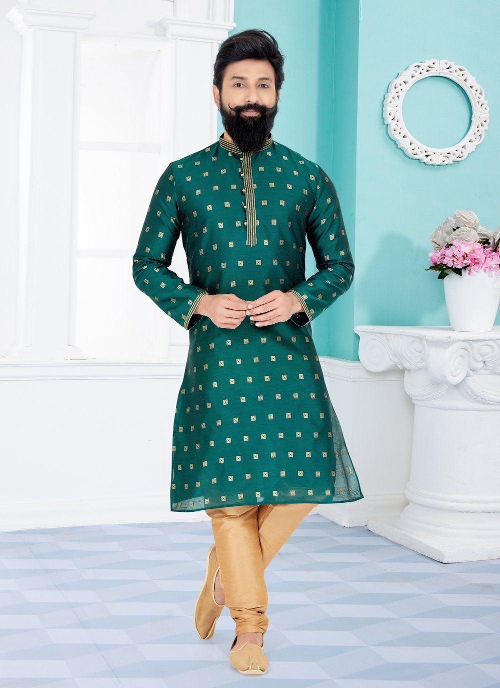 Kurta Pyjama Banarasi Silk Jacquard Green Jacquard Work Mens