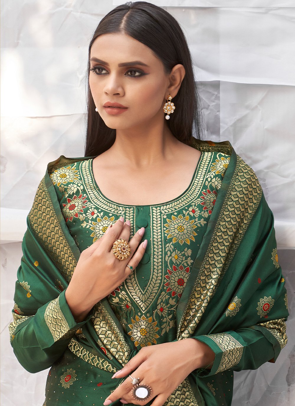 Dark Green Banarasi Silk Salwar Kameez With Jacquard Woven Work | salwar kameez readymade | salwar kameez plus size | offers salwar kameez women