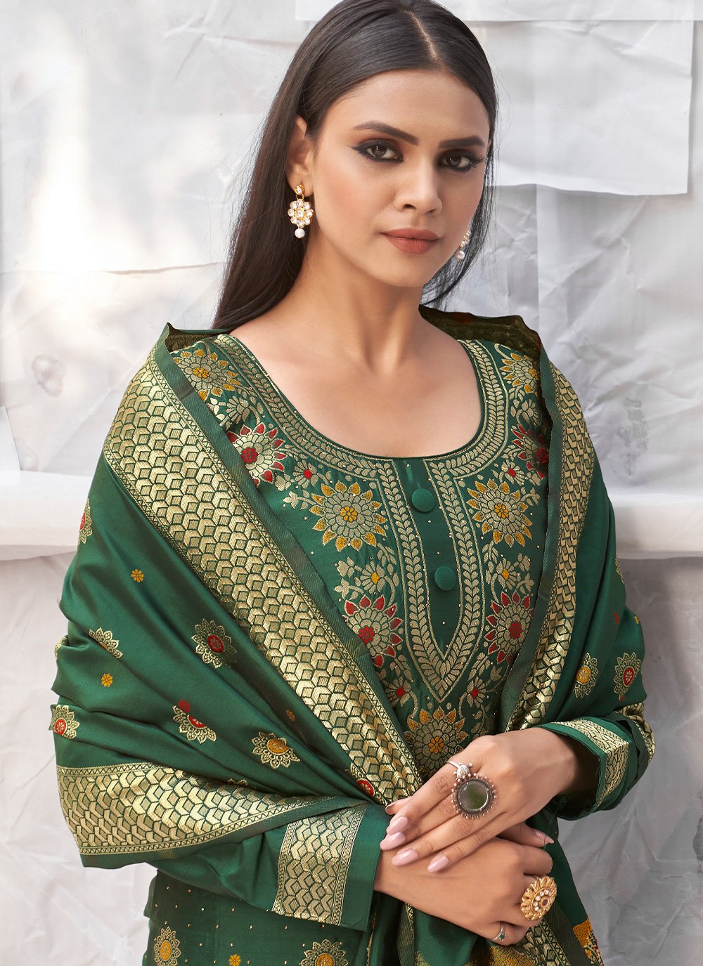 Salwar Suit Banarasi Silk Green Woven Salwar Kameez
