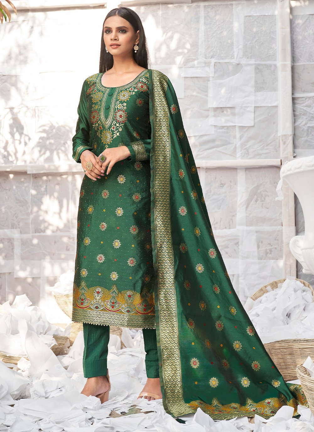 Salwar Suit Banarasi Silk Green Woven Salwar Kameez