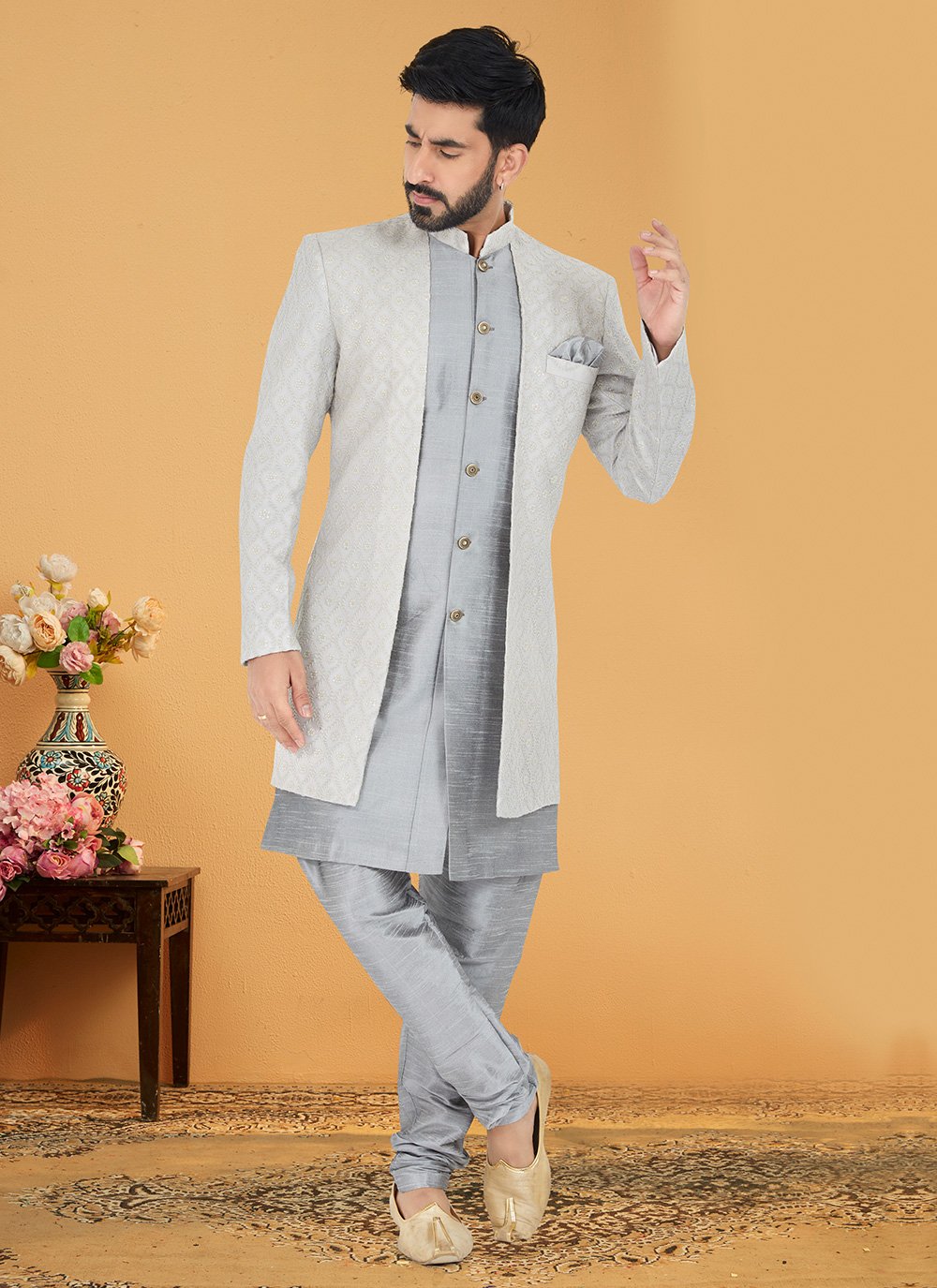 Indo Western Banarasi Silk Georgette Grey Silver Embroidered Mens