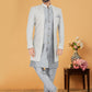 Indo Western Banarasi Silk Georgette Grey Silver Embroidered Mens