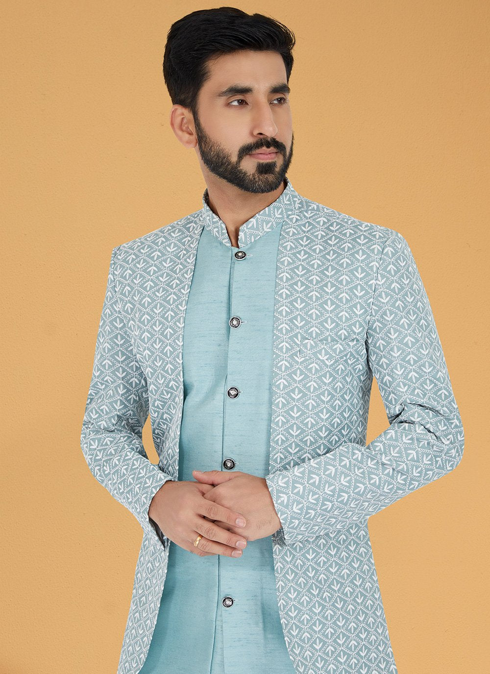 Indo Western Banarasi Silk Aqua Blue Grey Embroidered Mens