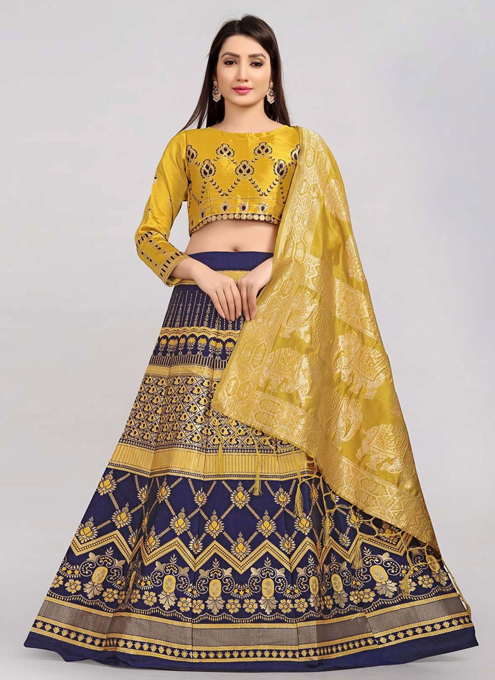 A Line Lehenga Banarasi Silk Blue Jacquard Work Lehenga Choli