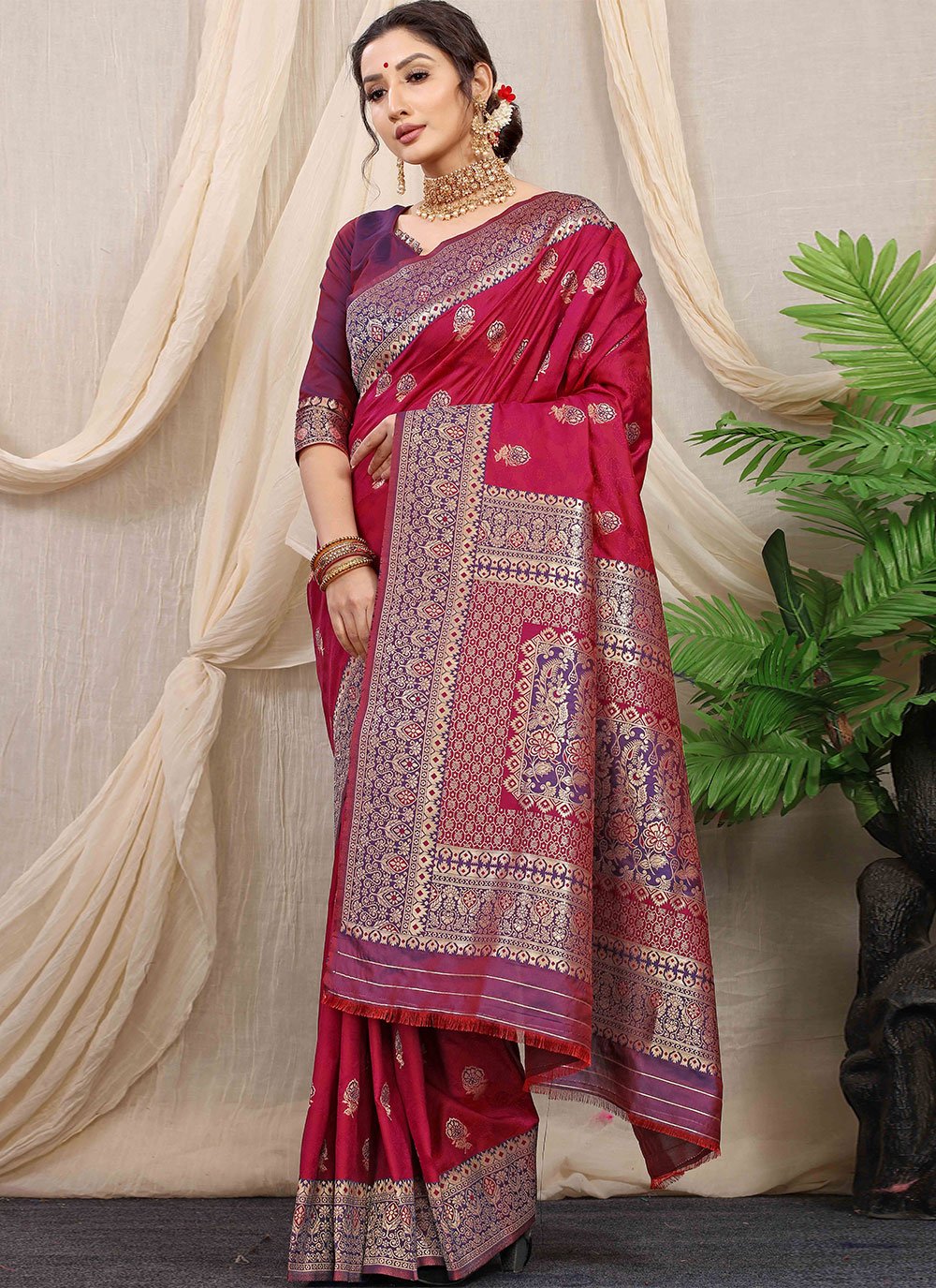 Contemporary Banarasi Silk Red Jacquard Work Saree