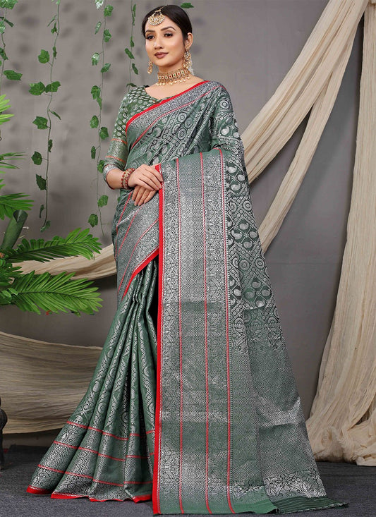 Contemporary Banarasi Silk Green Jacquard Work Saree