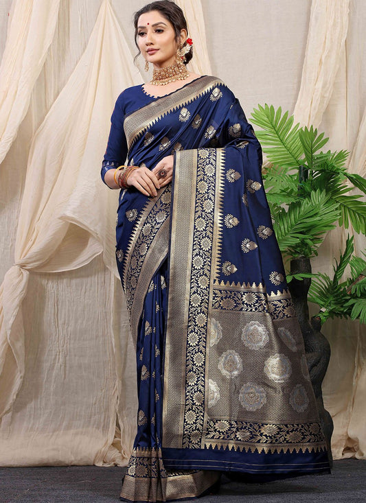 Contemporary Banarasi Silk Blue Jacquard Work Saree