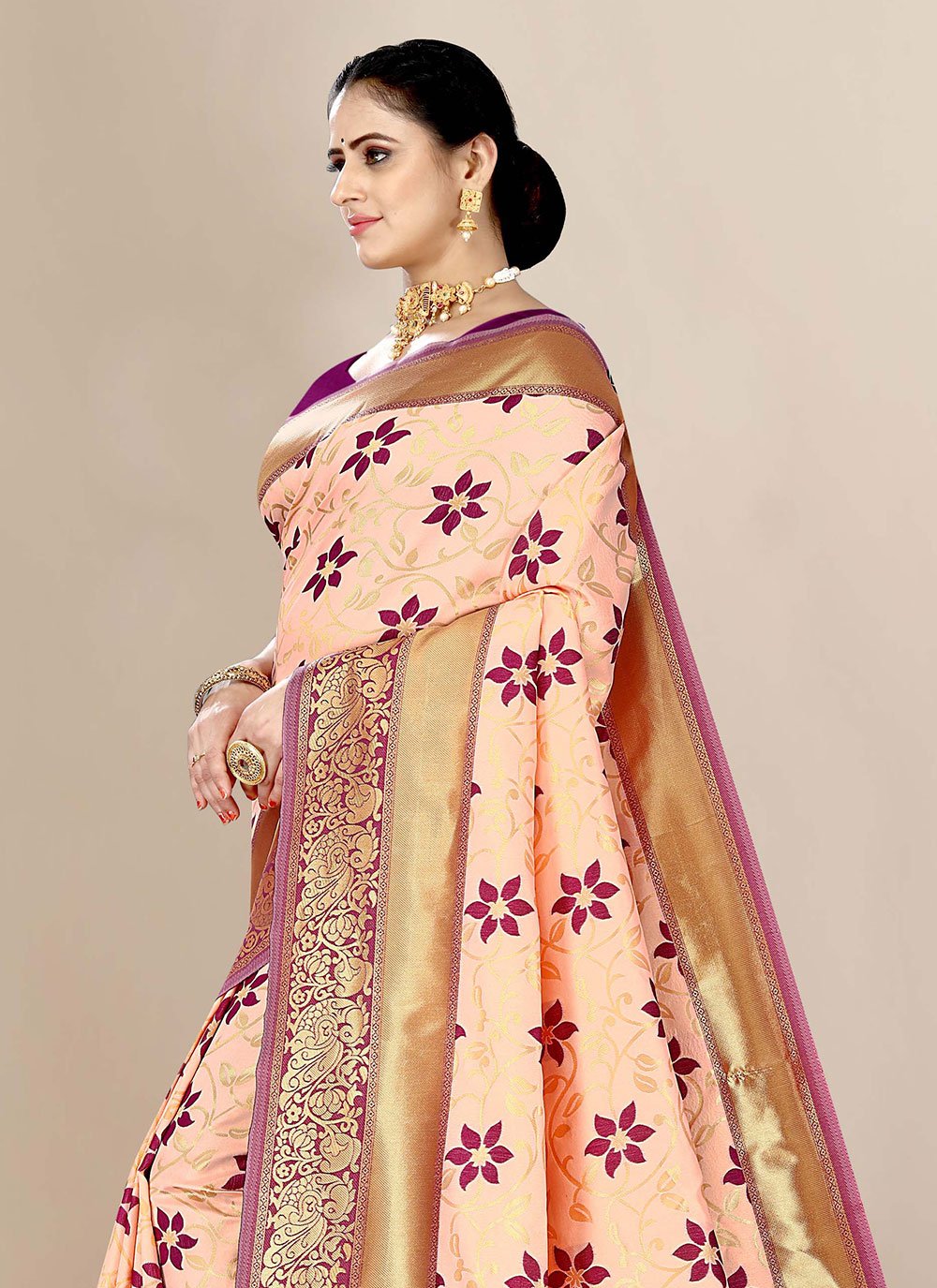 Contemporary Banarasi Silk Peach Jacquard Work Saree