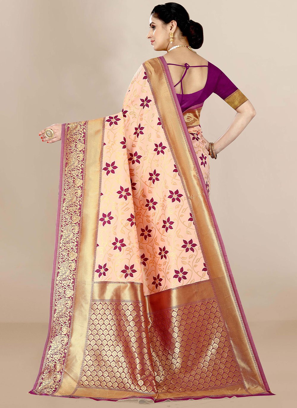 Contemporary Banarasi Silk Peach Jacquard Work Saree