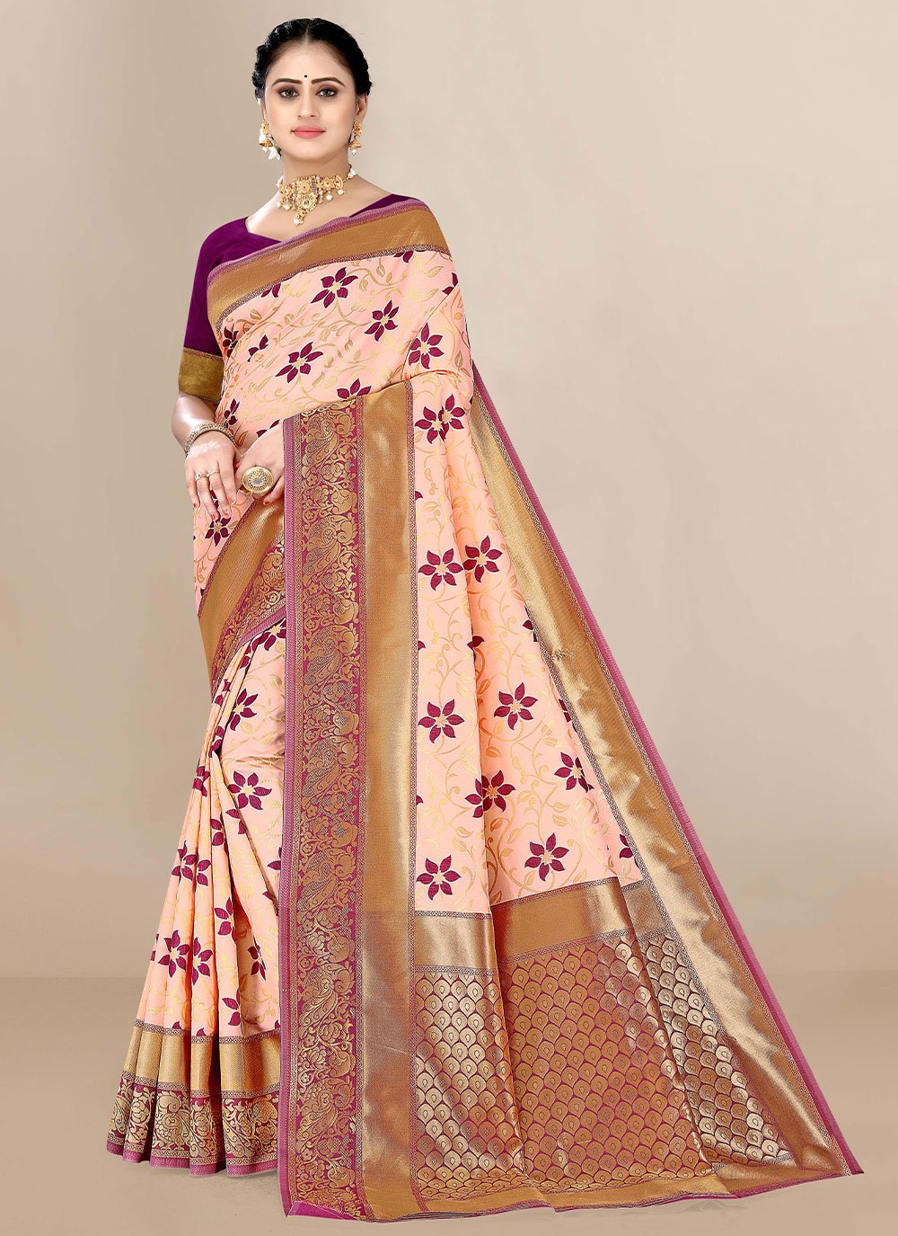 Contemporary Banarasi Silk Peach Jacquard Work Saree