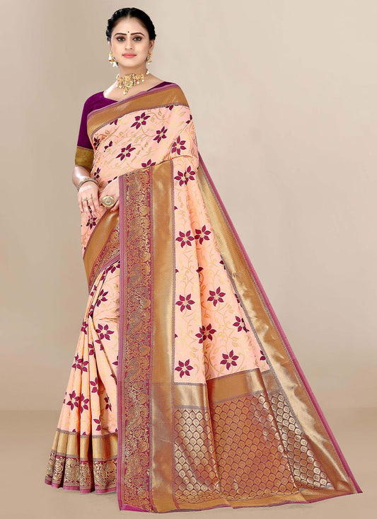 Contemporary Banarasi Silk Peach Jacquard Work Saree