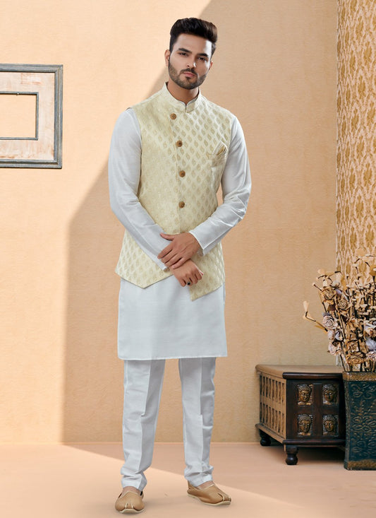 Kurta Payjama With Jacket Banarasi Silk Dupion Silk Cream Off White Jacquard Work Mens