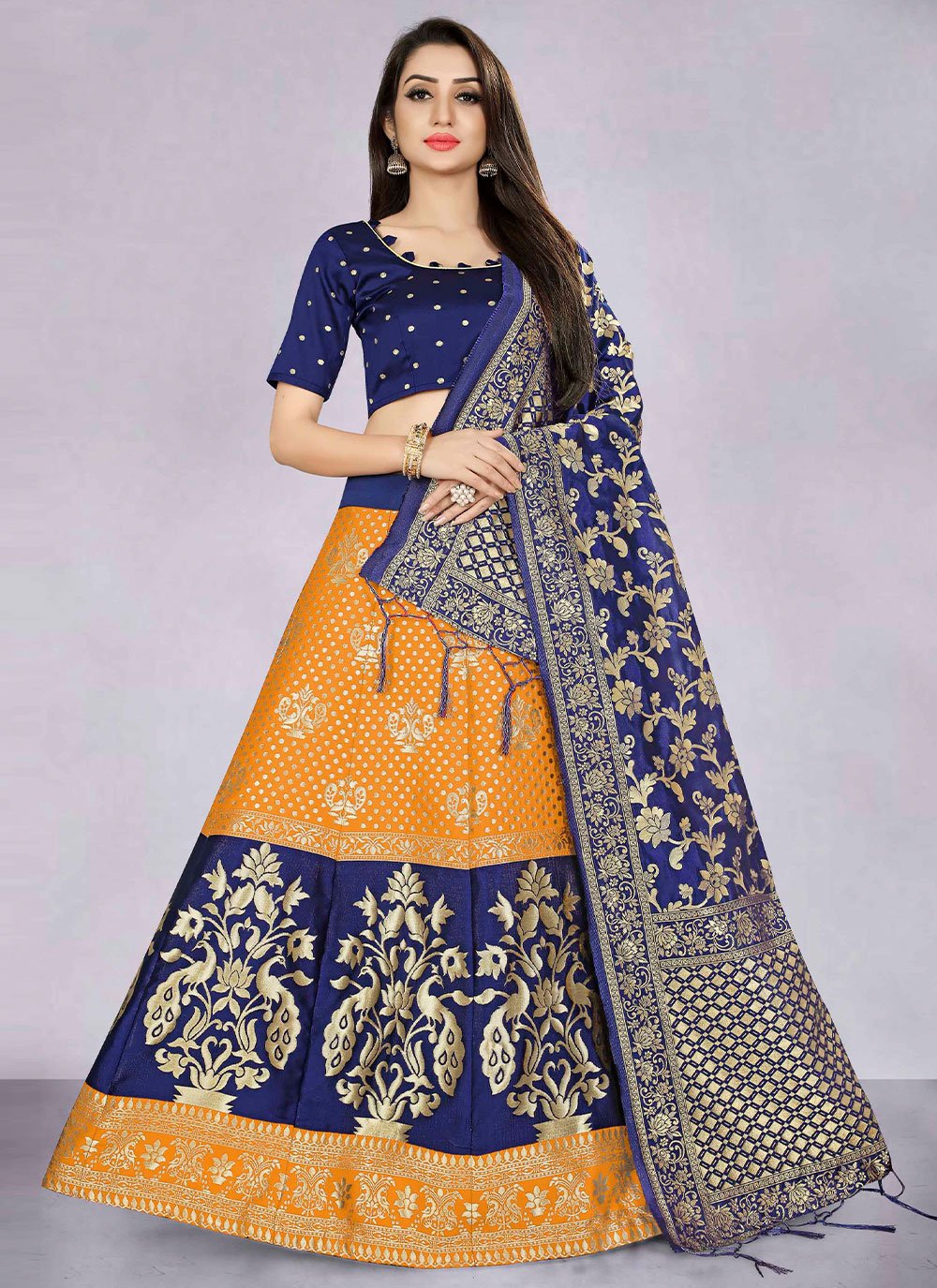 A Line Lehenga Banarasi Silk Jacquard Blue Orange Jacquard Work Lehenga Choli