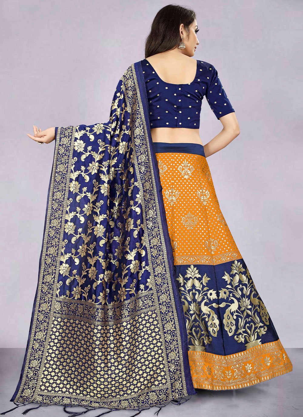 A Line Lehenga Banarasi Silk Jacquard Blue Orange Jacquard Work Lehenga Choli