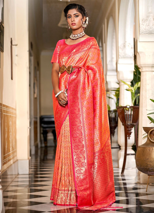 Designer Banarasi Silk Orange Pink Jacquard Work Saree