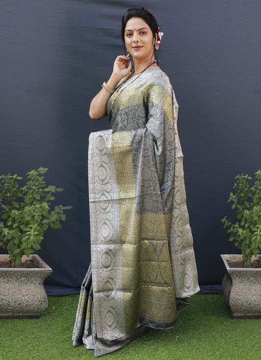 Contemporary Banarasi Silk Grey Jacquard Work Saree