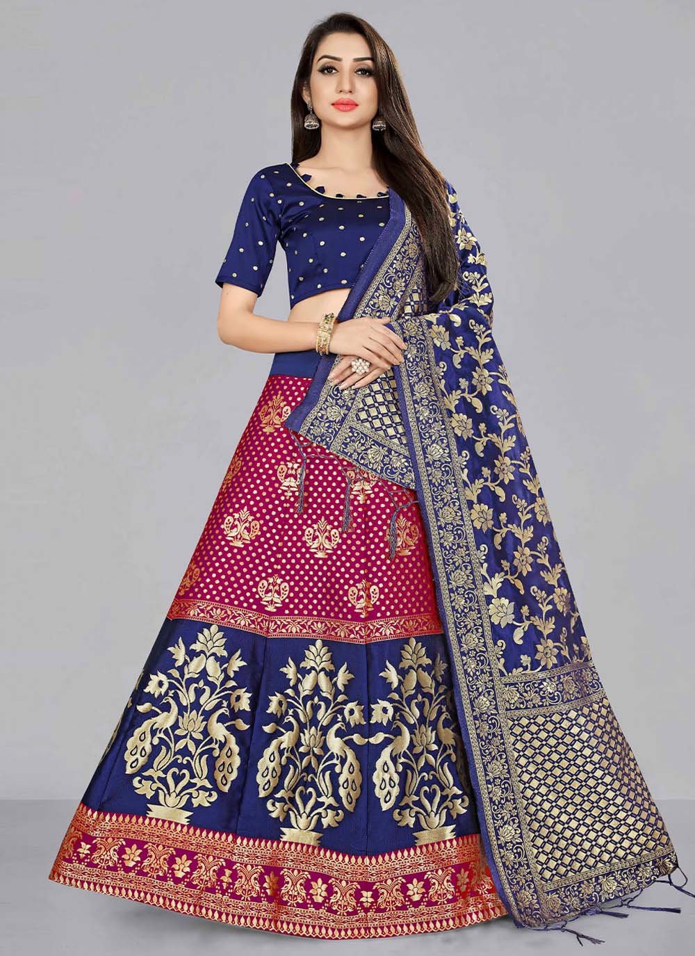A Line Lehenga Banarasi Silk Jacquard Blue Magenta Jacquard Work Lehenga Choli
