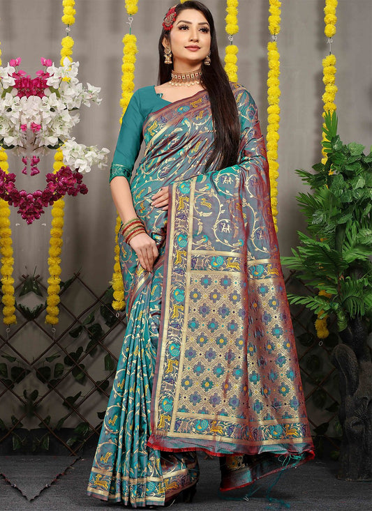 Trendy Saree Banarasi Silk Teal Jacquard Work Saree