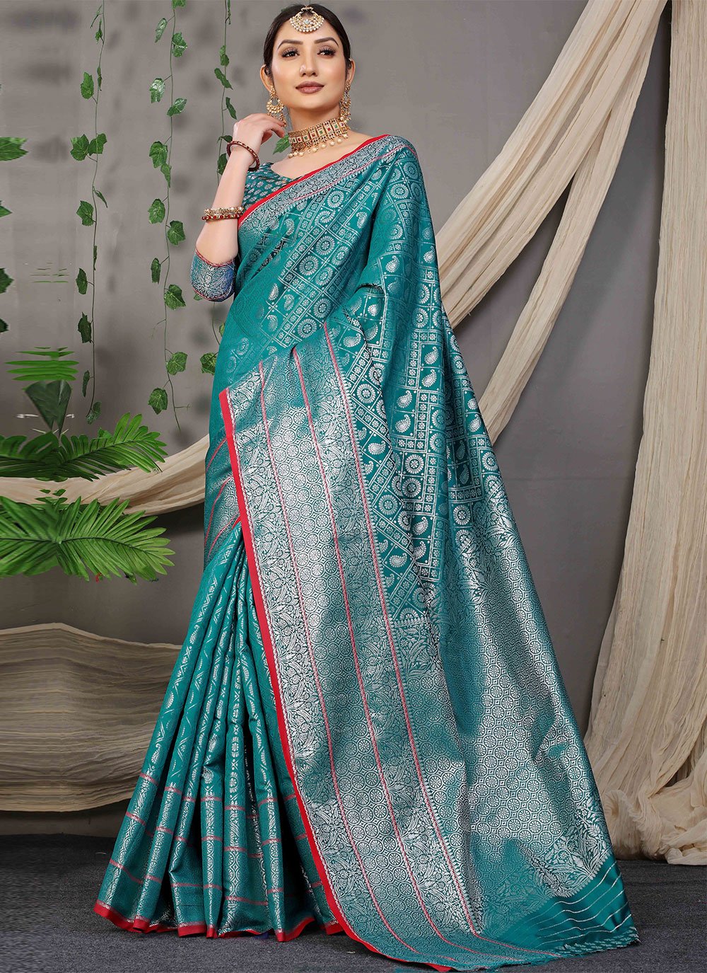 Classic Banarasi Silk Turquoise Jacquard Work Saree