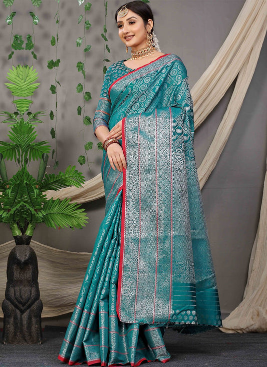 Classic Banarasi Silk Turquoise Jacquard Work Saree