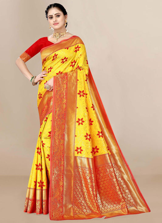 Traditional Saree Banarasi Silk Yellow Jacquard Work Saree