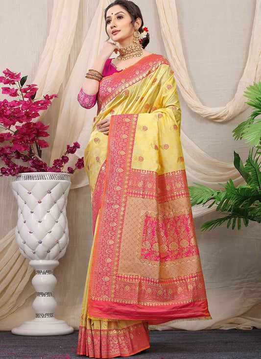 Trendy Saree Banarasi Silk Yellow Jacquard Work Saree