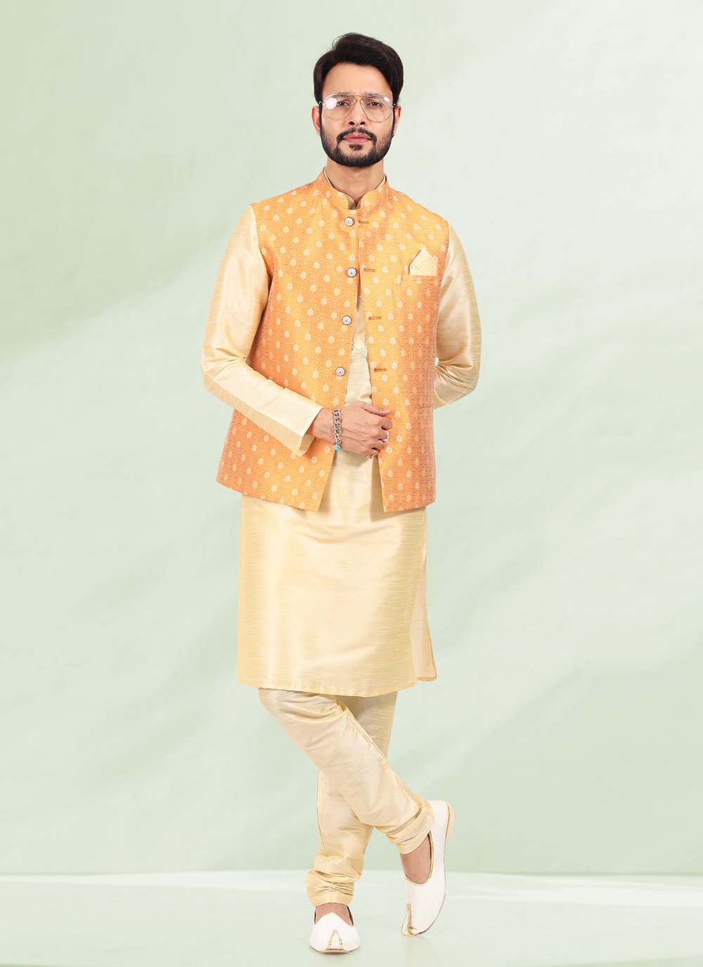 Kurta Payjama With Jacket Banarasi Silk Jacquard Cream Orange Jacquard Work Mens