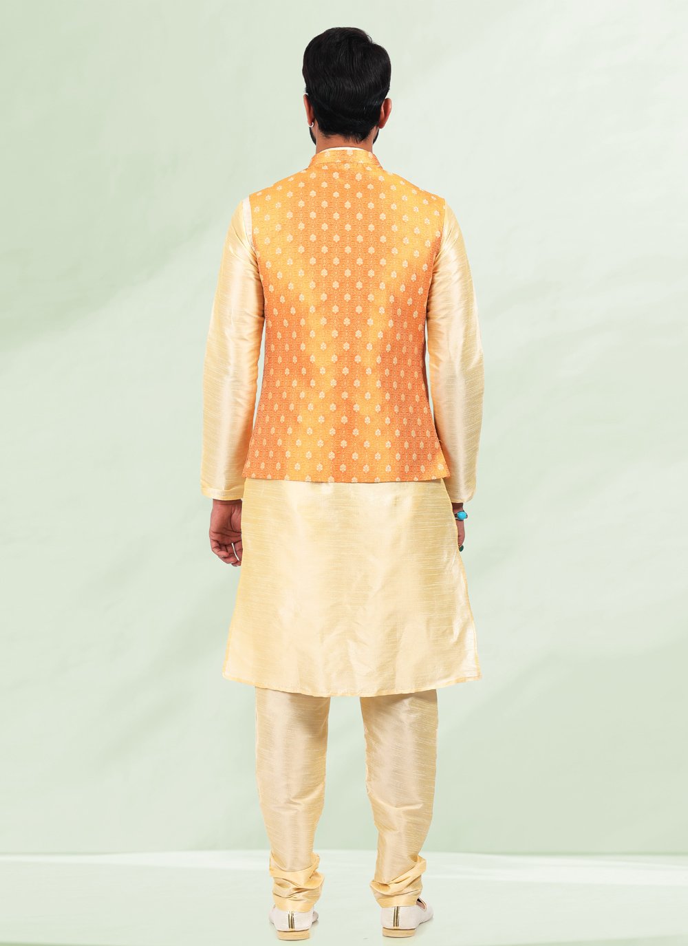 Kurta Payjama With Jacket Banarasi Silk Jacquard Cream Orange Jacquard Work Mens