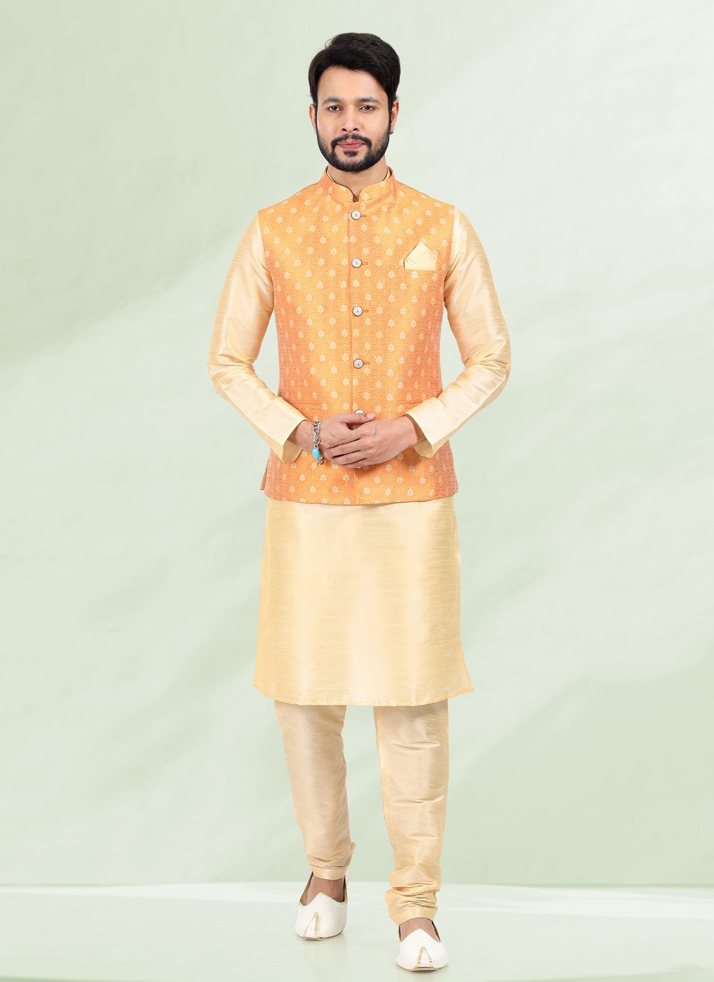 Kurta Payjama With Jacket Banarasi Silk Jacquard Cream Orange Jacquard Work Mens