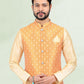 Kurta Payjama With Jacket Banarasi Silk Jacquard Cream Orange Jacquard Work Mens