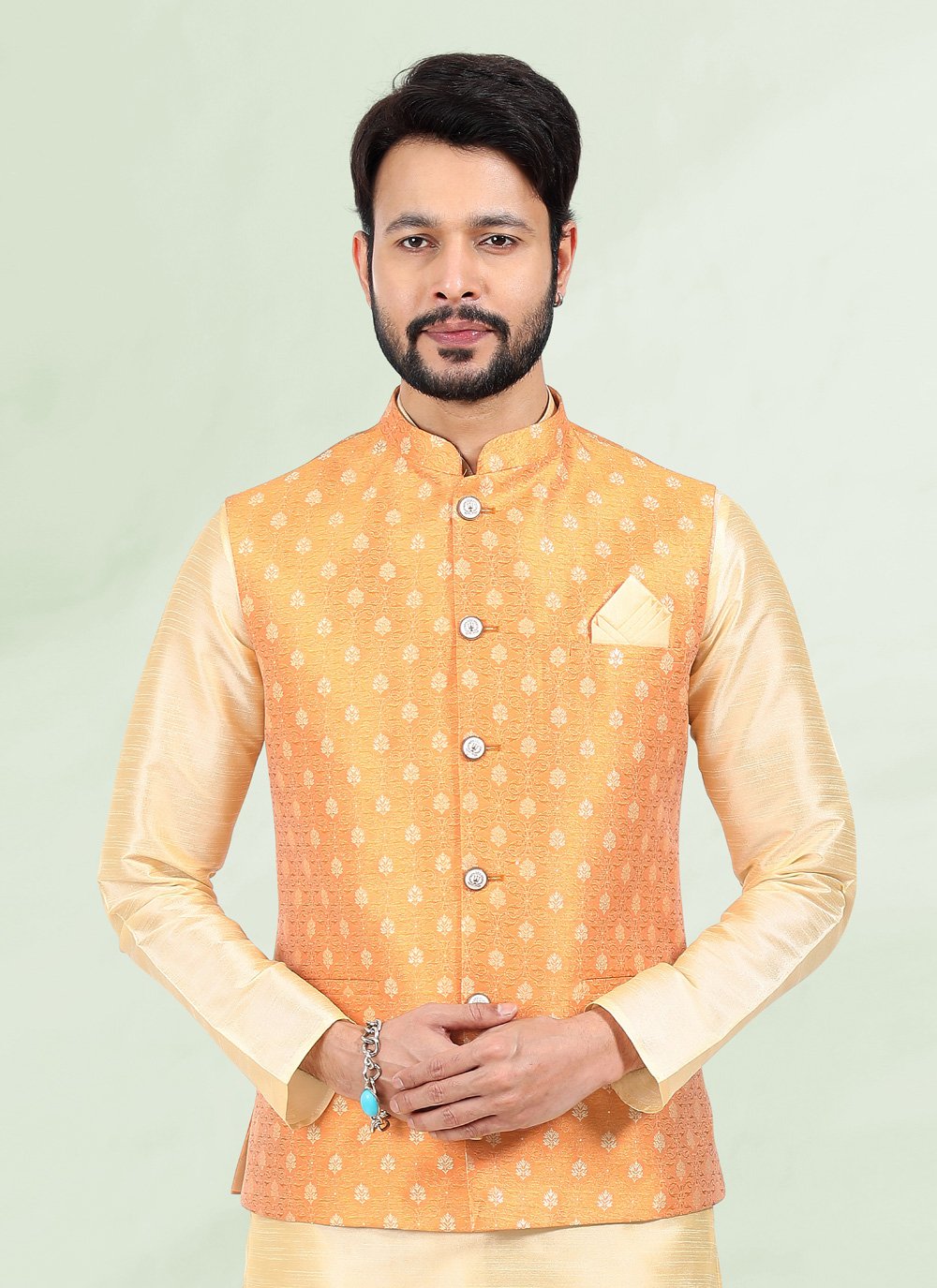 Kurta Payjama With Jacket Banarasi Silk Jacquard Cream Orange Jacquard Work Mens