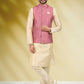 Kurta Payjama With Jacket Banarasi Silk Cream Pink Print Mens