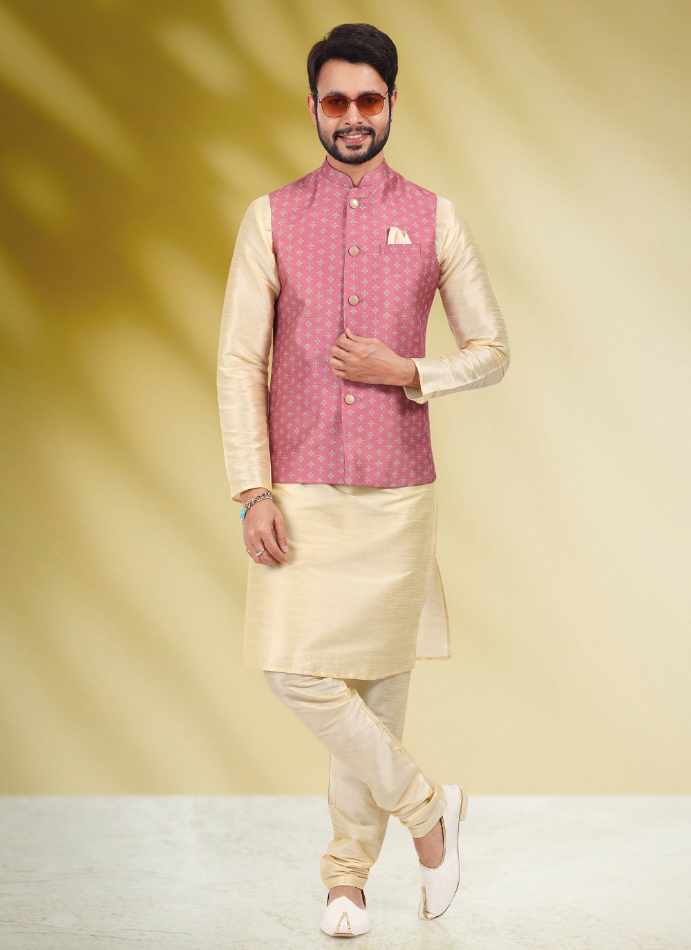 Kurta Payjama With Jacket Banarasi Silk Cream Pink Print Mens