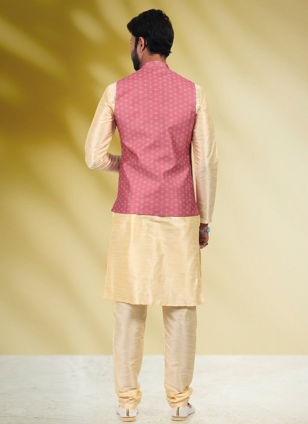 Kurta Payjama With Jacket Banarasi Silk Cream Pink Print Mens